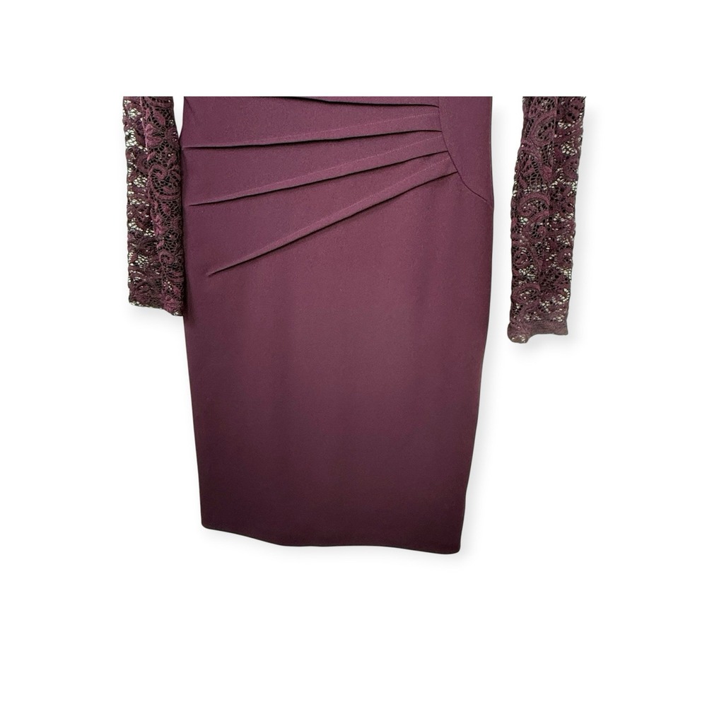 Deep Plum Sunburst Ruched Bodycon Dress Dark Vampy Romance Lace Sleeves Sz 2 - Picture 6 of 15